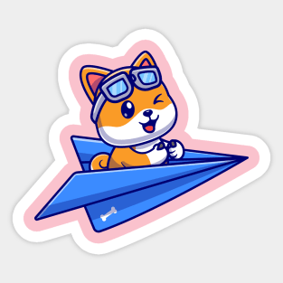 Cute Shiba Inu Dog Pilot Driving Paper Plane Cartoon Sticker